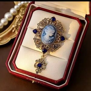 Vintage Blue Cameo Crystal Brooch